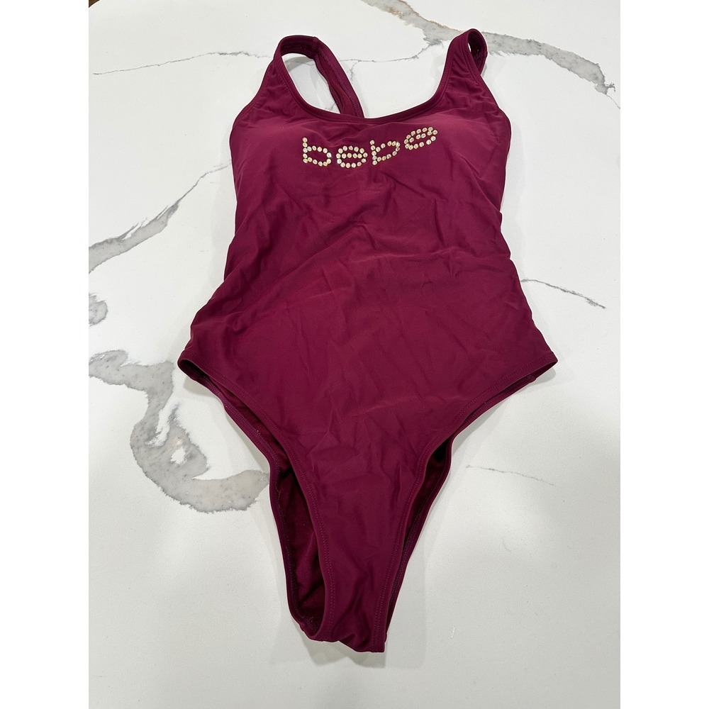 Bebe Womens Rhinestone Logo Lace Up Back One Piece Swimsuit Burgundy Wine Size M